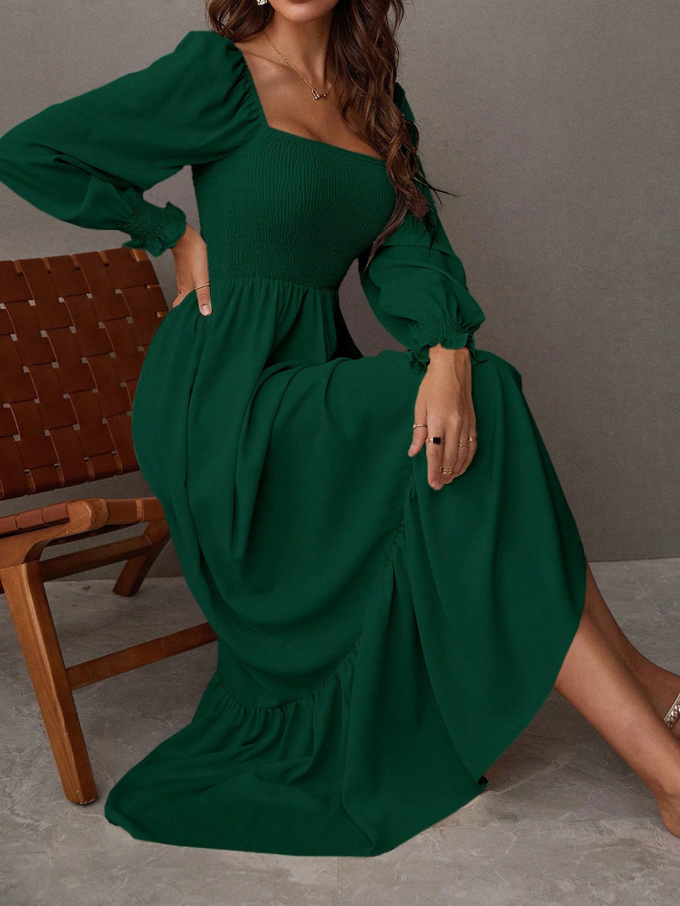 SHEIN Holidaya Square Neck Shirred Ruffle Hem Dress | SHEIN USA | SHEIN