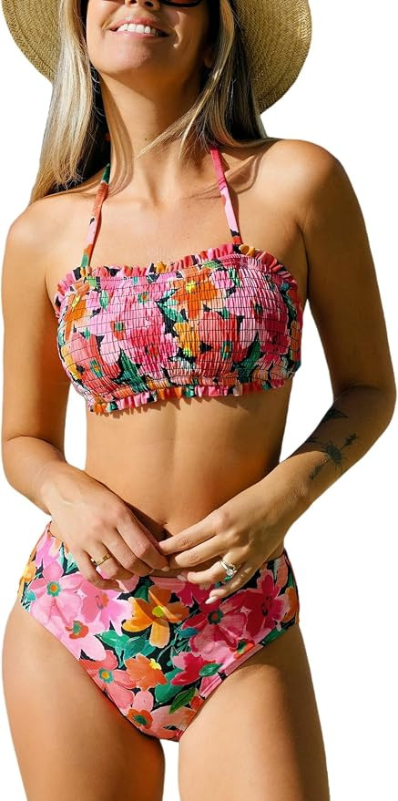 CUPSHE Bikini Set for Women Two Piece Swimsuit Bandeau Top Back Tie Mid Waisted Bottom with Remov... | Amazon (US)