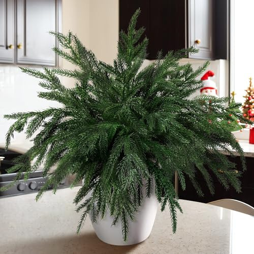 Ammyoo 10 Pcs Christmas Norfolk Pine Stems, 18.3 Inch Artificial Xmas Norfolk Pine Branches, Fake Real Touch Greenery Pine Picks for Vase Home Decor DIY Crafts Gift | Amazon (US)