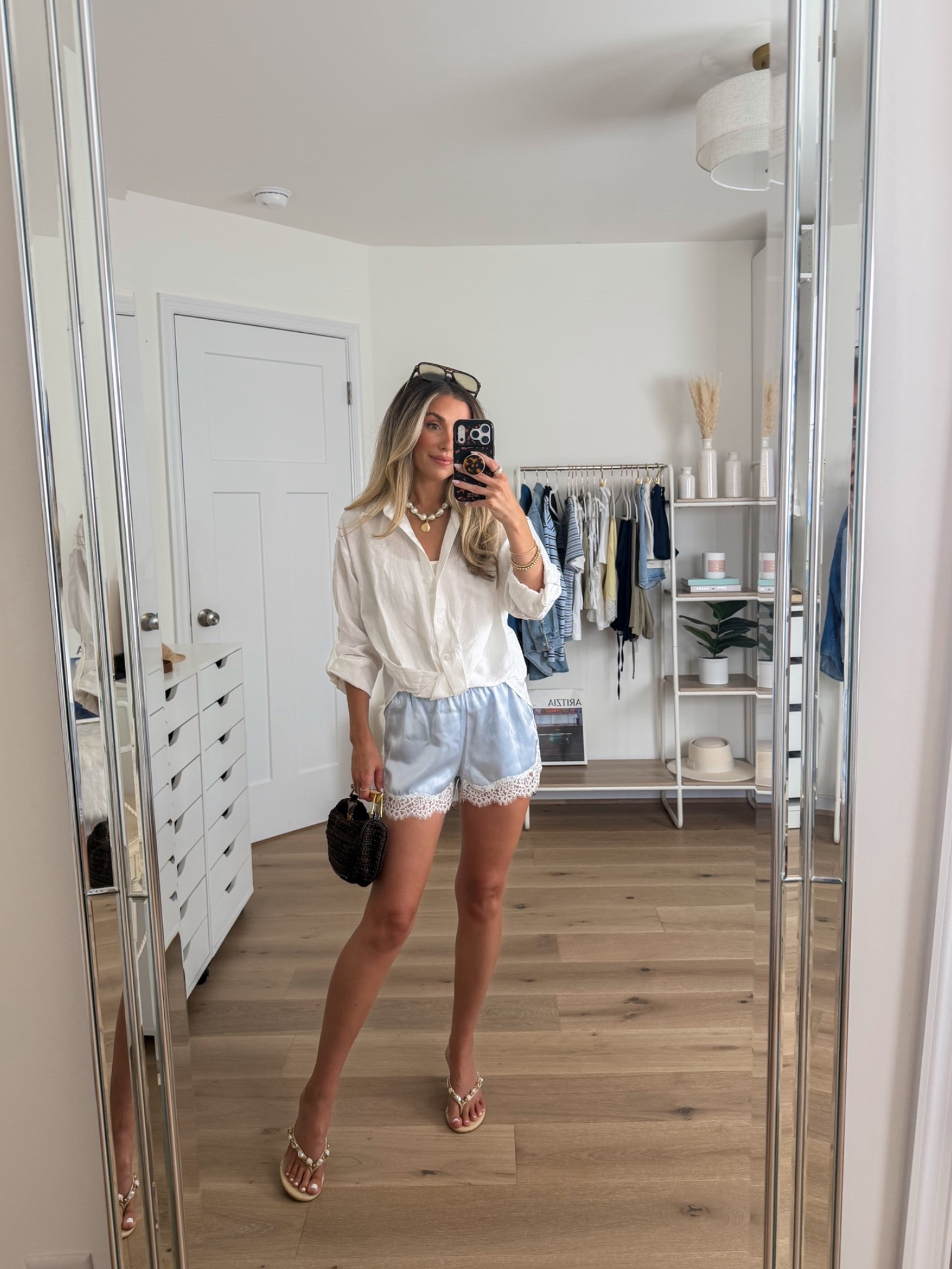 elevated casual summer outfit 
+ portofino linen button down — xs! This has the cutest subtle detail in the front, with a faux knot and slight crop. The hem runs longer in the back which I love! 
+ satin lace shorts: xs — size up one for a roomier fit 
+ heels: true to size

#LTKootd #LTKPetite #LTKSeasonal
