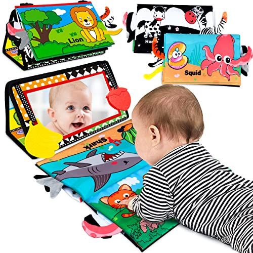 Baby Toys 0-6 Months - Tummy Time Toy Baby Mirror Infant Toys with Cloth Book - Black and White High Contrast Baby Toy for Newborn - Montessori Sensory Toy 0 2 3 4 5 6-12 Months Boy Girl Shower Gifts | Amazon (US)