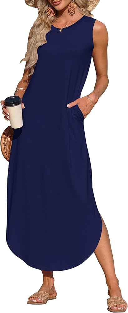 AUSELILY Womens Summer Dresses 2025 Casual Sleeveless Maxi Dress Loose Crewneck Sundresses Split ... | Amazon (US)