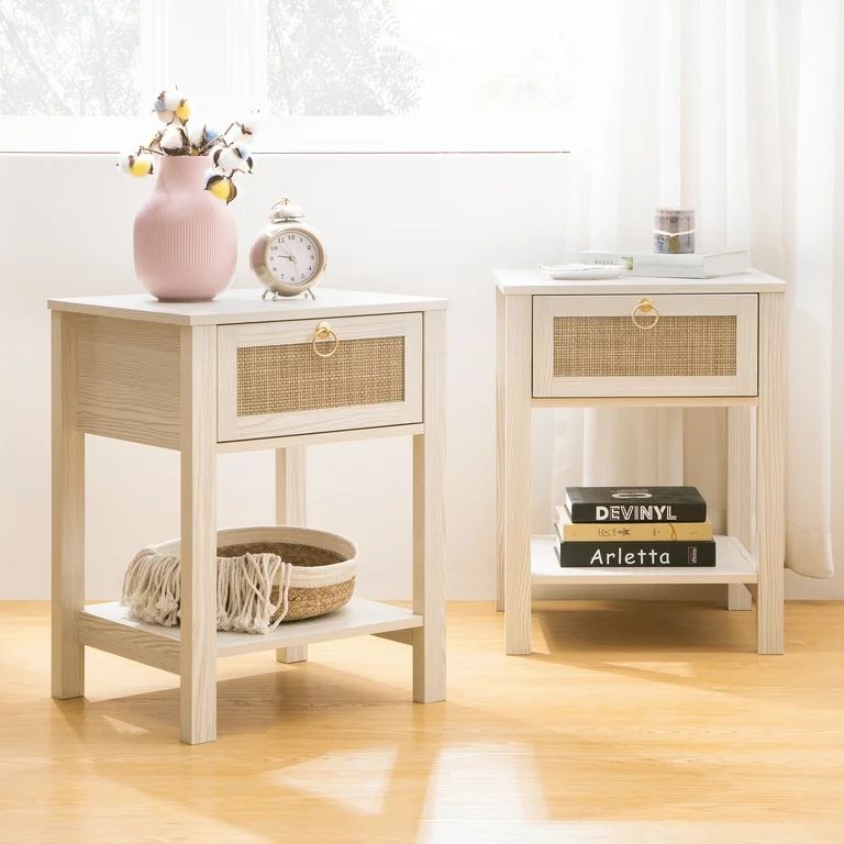 Surmoby White Nightstand Set of 2,Boho Bedside Tables with Rattan Decor Drawer and Open Storage S... | Walmart (US)