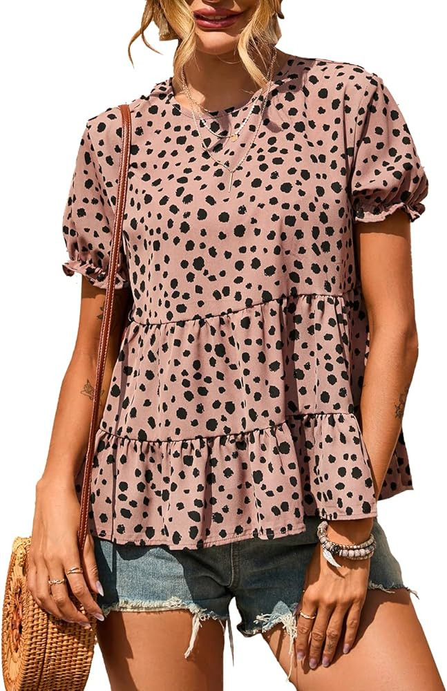 PRETTYGARDEN Women's Leopard Blouse Short Puff Sleeve Crewneck Babydoll Shirts Peplum Tunic Tops | Amazon (US)