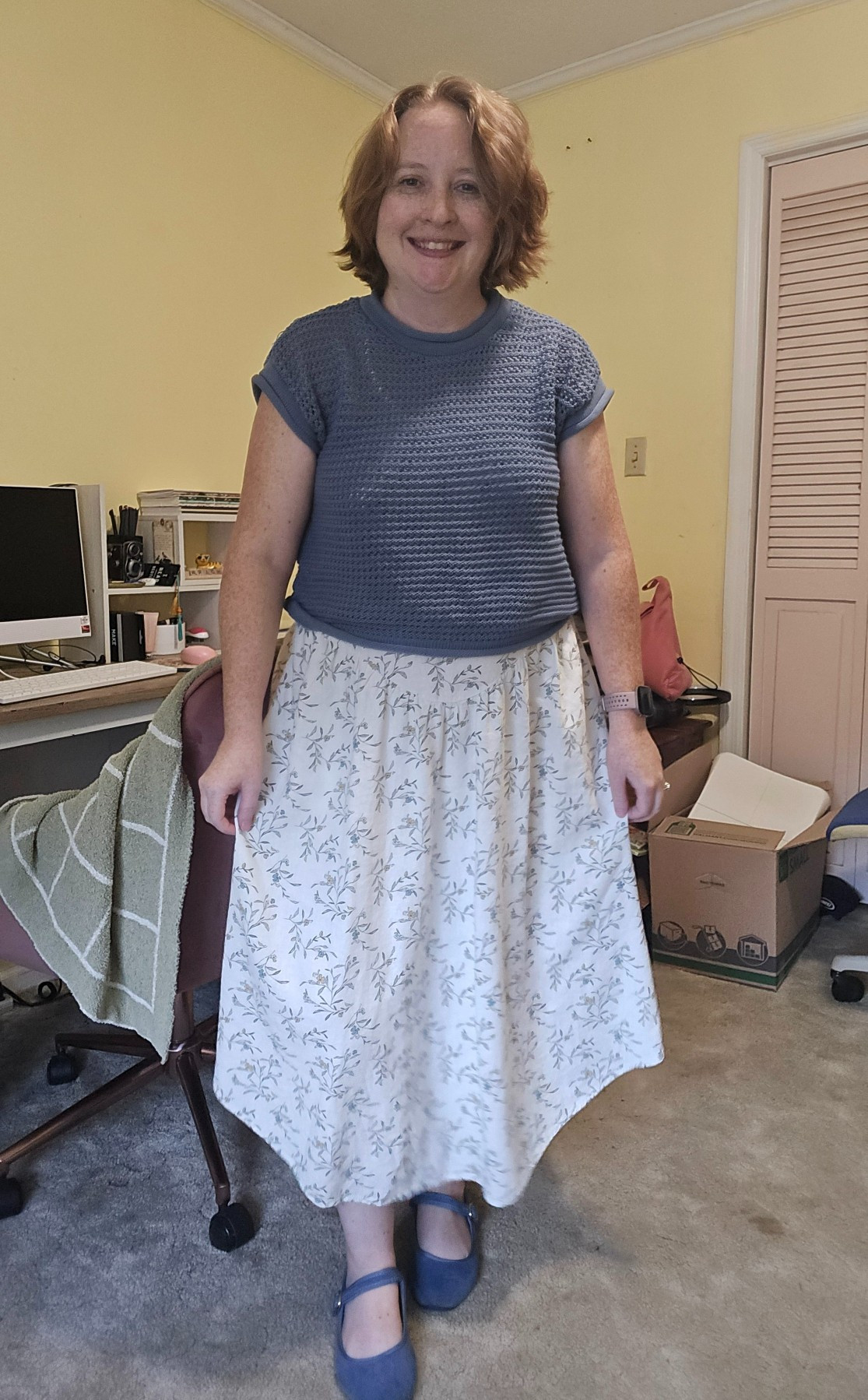 This is one of the most versatile dresses I own. It's not school-appropriate because it's sleeveless, but it's so easy to layer. This time I chose this open-weave, dusty blue, short-sleeve sweater that I cannot remember where I bought it from, then matched that to my shoes. 

 #LTKootd #LTKPetite #LTKWorkwear