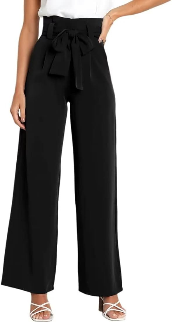 Yazinie Dress Pants Women,Wide Leg Pants for Women,Smocked Waist Pants with Belt,Loose Straight L... | Amazon (US)