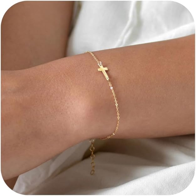 Tewiky Cross Bracelet for Women Dainty 14k Gold Cubic Zirconia Cute Tiny Bracelet Confirmation Gi... | Amazon (US)