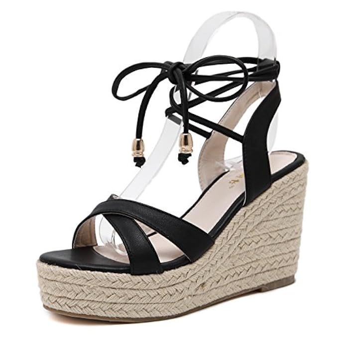 MAKEGSI Womens Jute-Rope Middle Wedge Heel Summer Shoes Flip Sandals Lace up | Amazon (US)