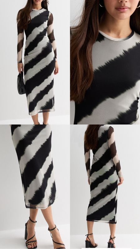 Mesh Bodycon Midi Dress. Black and white Diagonal Stripes. Long sleeve. Under £35. Affordable fashion.  Wardrobe staple. Timeless. Gift guide idea for her. Luxury, elegant, clean aesthetic, chic look, feminine fashion, trendy look, workwear, office. New look outfit idea. 

#LTKworkwear #LTKeurope #LTKfindsunder50