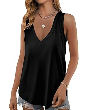 Womens Tank Tops Summer Fashion Sleeveless V Neck Shirts Casual Beach Vacation Outfits Loose Fit ... | Amazon (US)