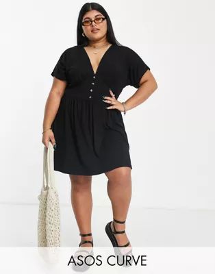 ASOS DESIGN Curve mini tea dress with buttons in black | ASOS (Global)