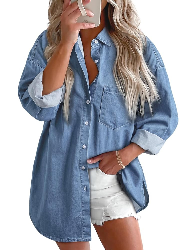 Astylish Women Denim Shirts Button Down Blouse V Neck Casual Tops | Amazon (US)