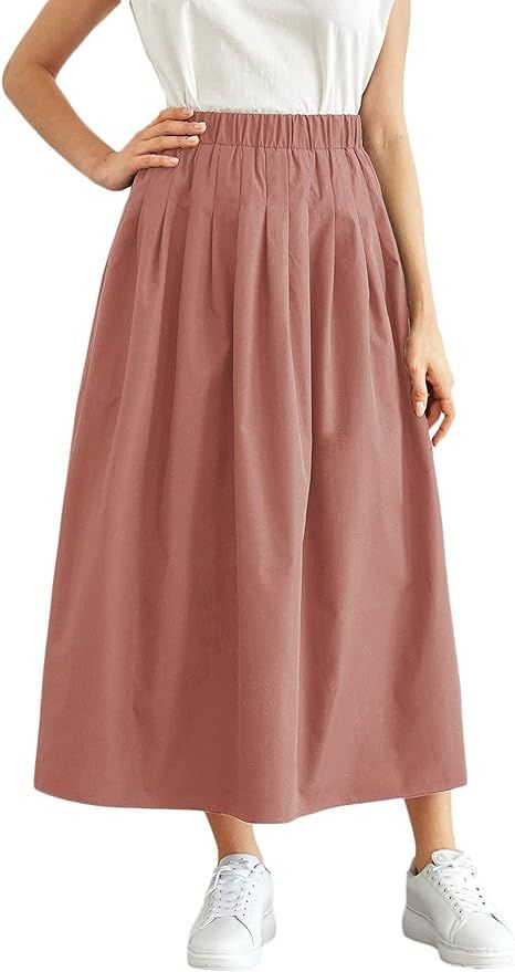 MakeMeChic Women's Elastic Waist Solid Pleated A Line Swing Long Skirt | Amazon (US)