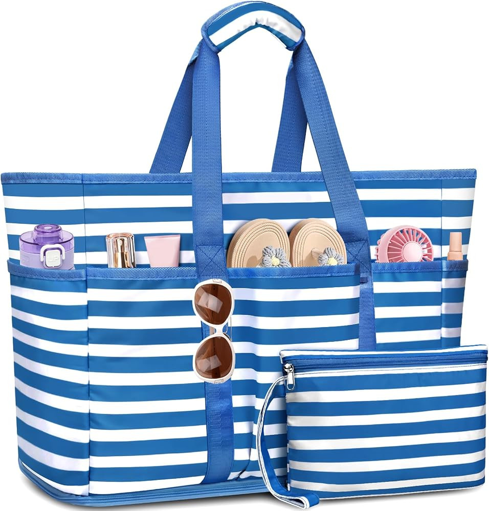 Large Beach Bag with Zipper, 12 Pockets Waterproof Sandproof Pool Bag Womens Mesh Beach Tote Bag ... | Amazon (US)