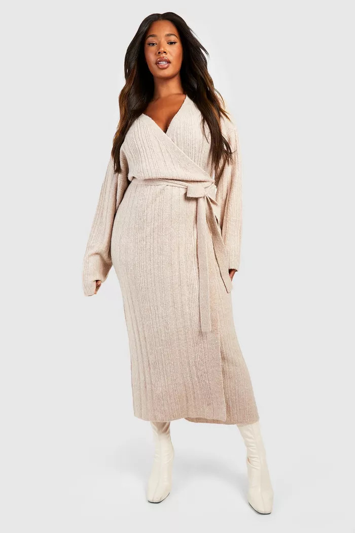 Plus Mixed Rib Wrap Sweater Dress | boohoo (US & Canada)