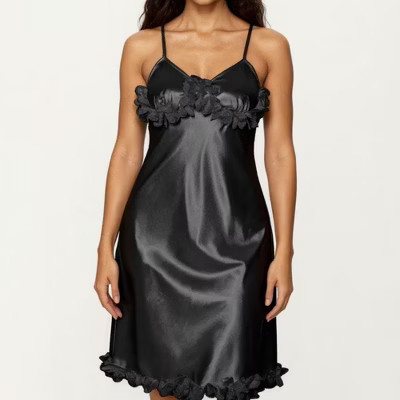 Anna-Kaci Lounge Women's Satin Midi Slip Dress with 3D Floral Trim Bodice and Ruffled Hem Detail for a Soft Sculpted Silhouette - Small, Black | Target