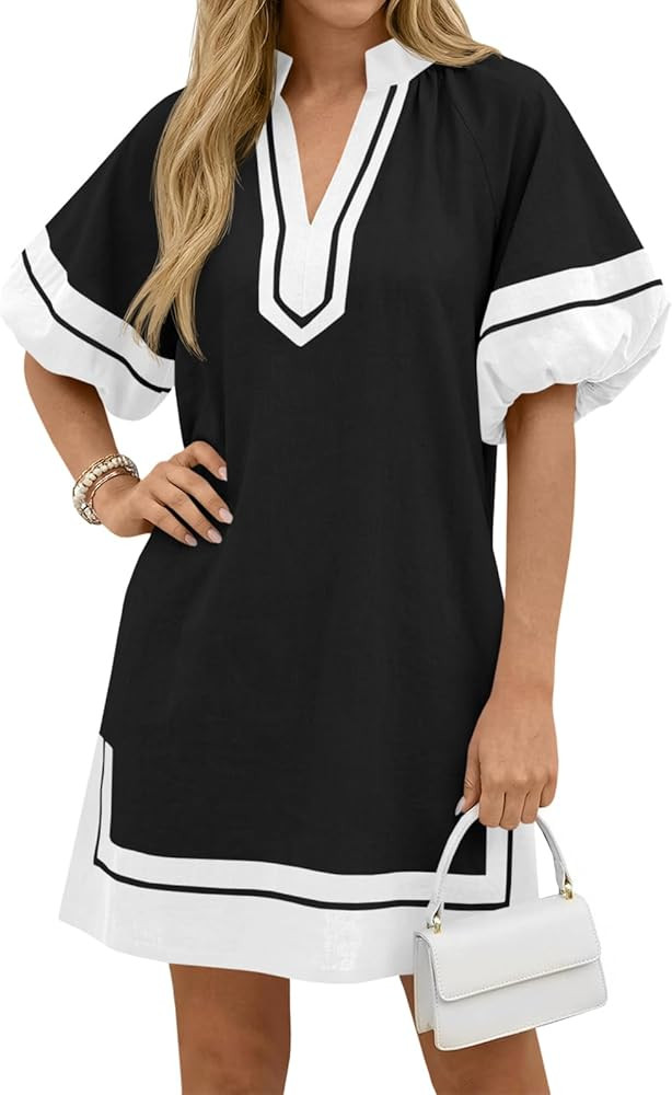 Wenrine Womens Summer Mini Dress Puff Sleeve Casual V Neck Color Block Side Slit Loose Shirt Dres... | Amazon (US)