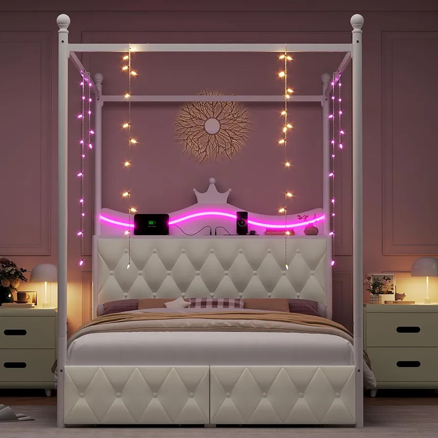 Keyluv Full Size Upholstered LED Canopy Bed Frame with Charging Station and Drawer, Button Tufted... | Amazon (US)