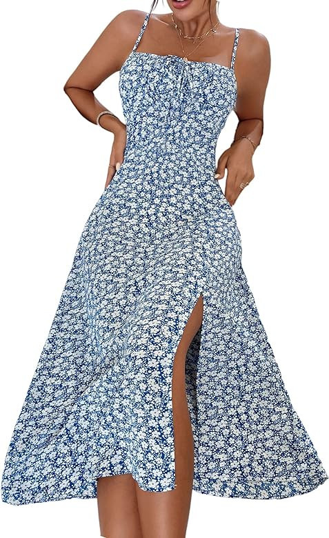 Floerns Women's Summer Split Thigh Spaghetti Strap Cami Midi Floral Dress | Amazon (US)
