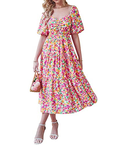 BTFBM Women Summer Dresses 2024 Casual Flowy Beach Square Neck Puff Short Sleeve Smocked Back Boh... | Amazon (US)