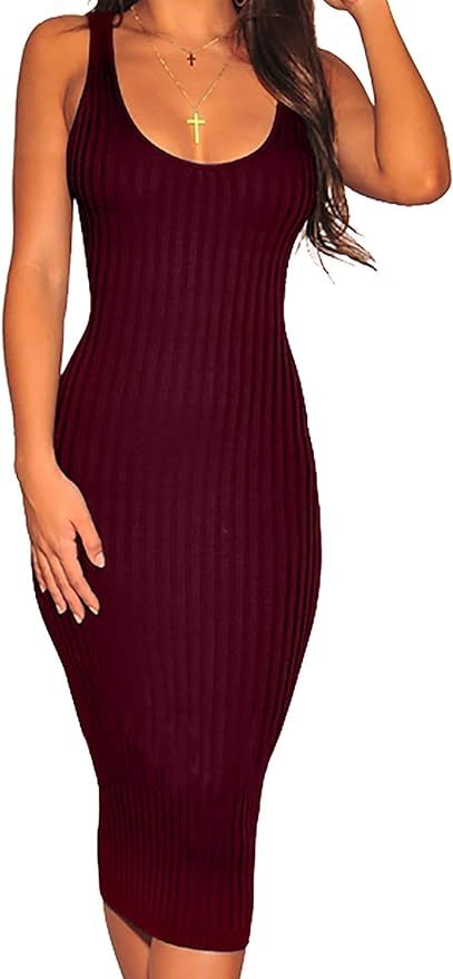 Women's Sexy Bodycon Tank Dresses Sleeveless Ribbed Knit Midi Club Dresses | Amazon (US)