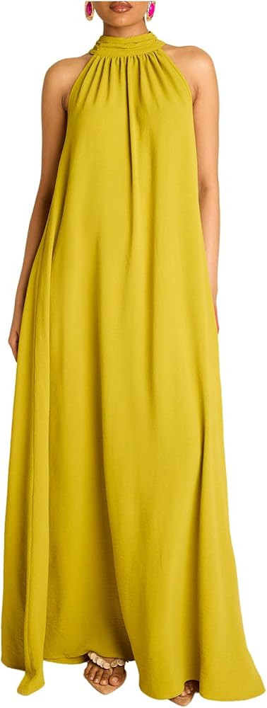 BEAUDRM Women's Wedding Guest Halter Maxi Dress Summer Vacation Flowy Dress | Amazon (US)