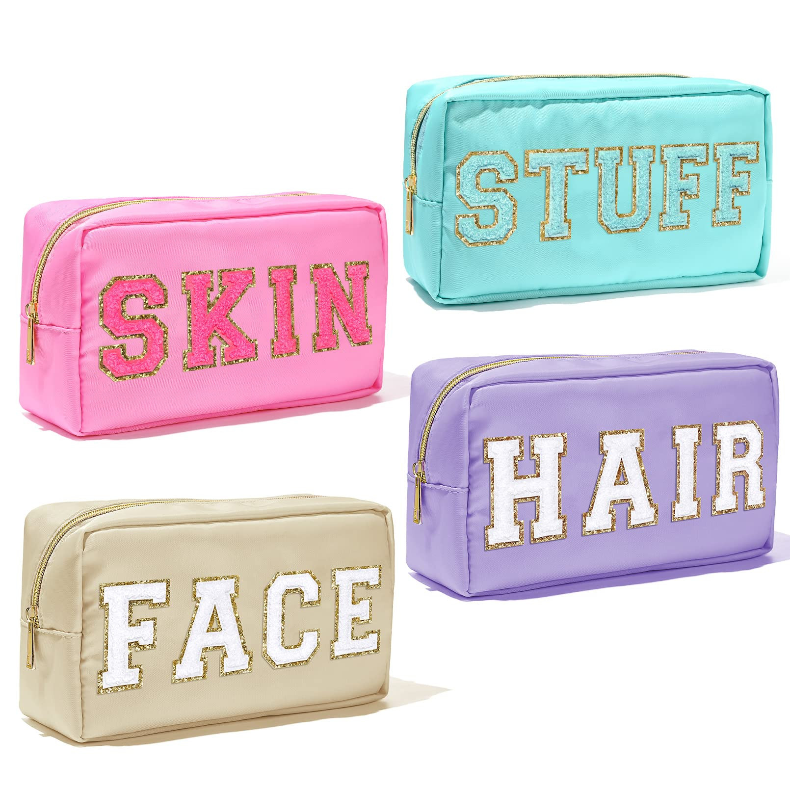 4Pcs Nylon Preppy Makeup Bag Chenille Letter Cosmetic Bag Pouch Zipper Preppy Travel Organization... | Amazon (US)
