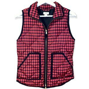 J. Crew Excursion Quilted Down Puffer Vest Red Plaid Gingham Size XXS | Poshmark