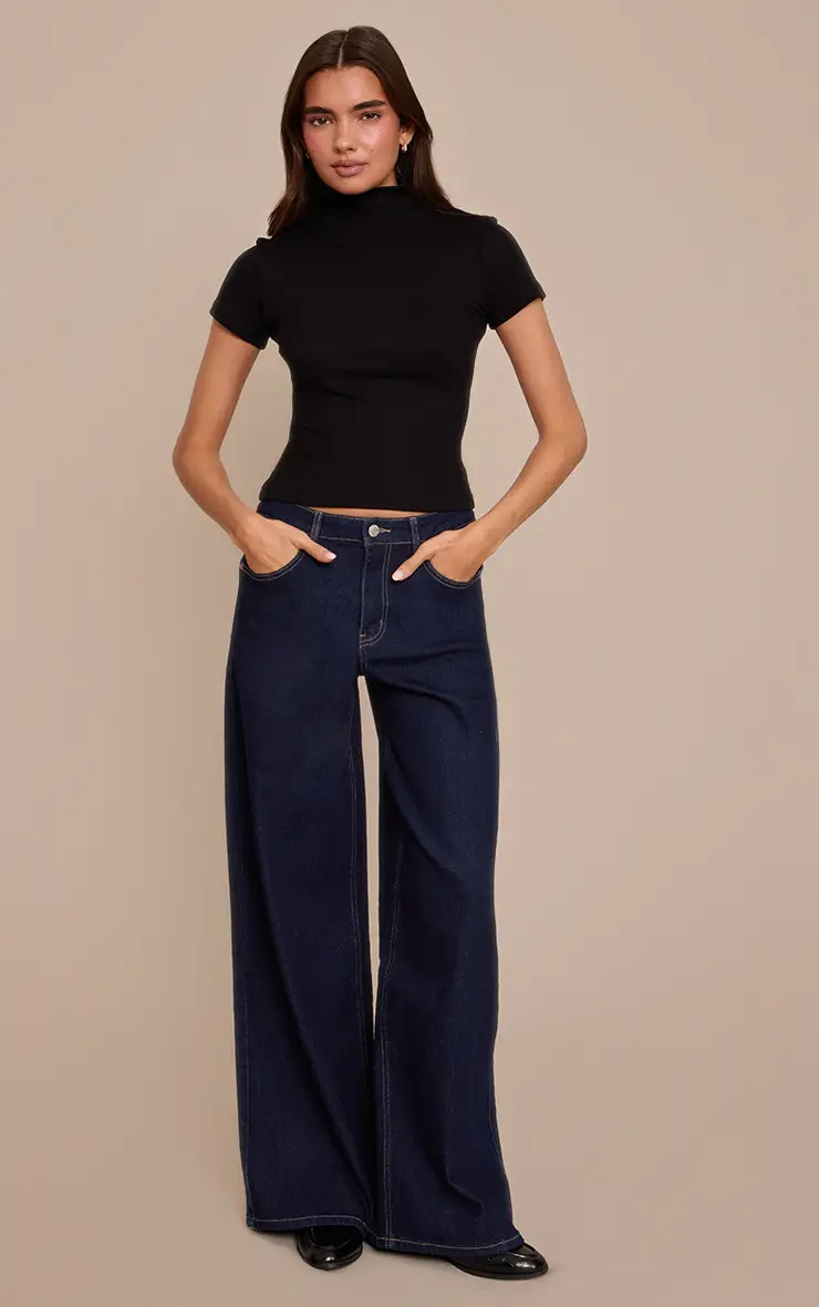 Indigo Mid Rise Stretch Wide Leg Jeans | PrettyLittleThing US