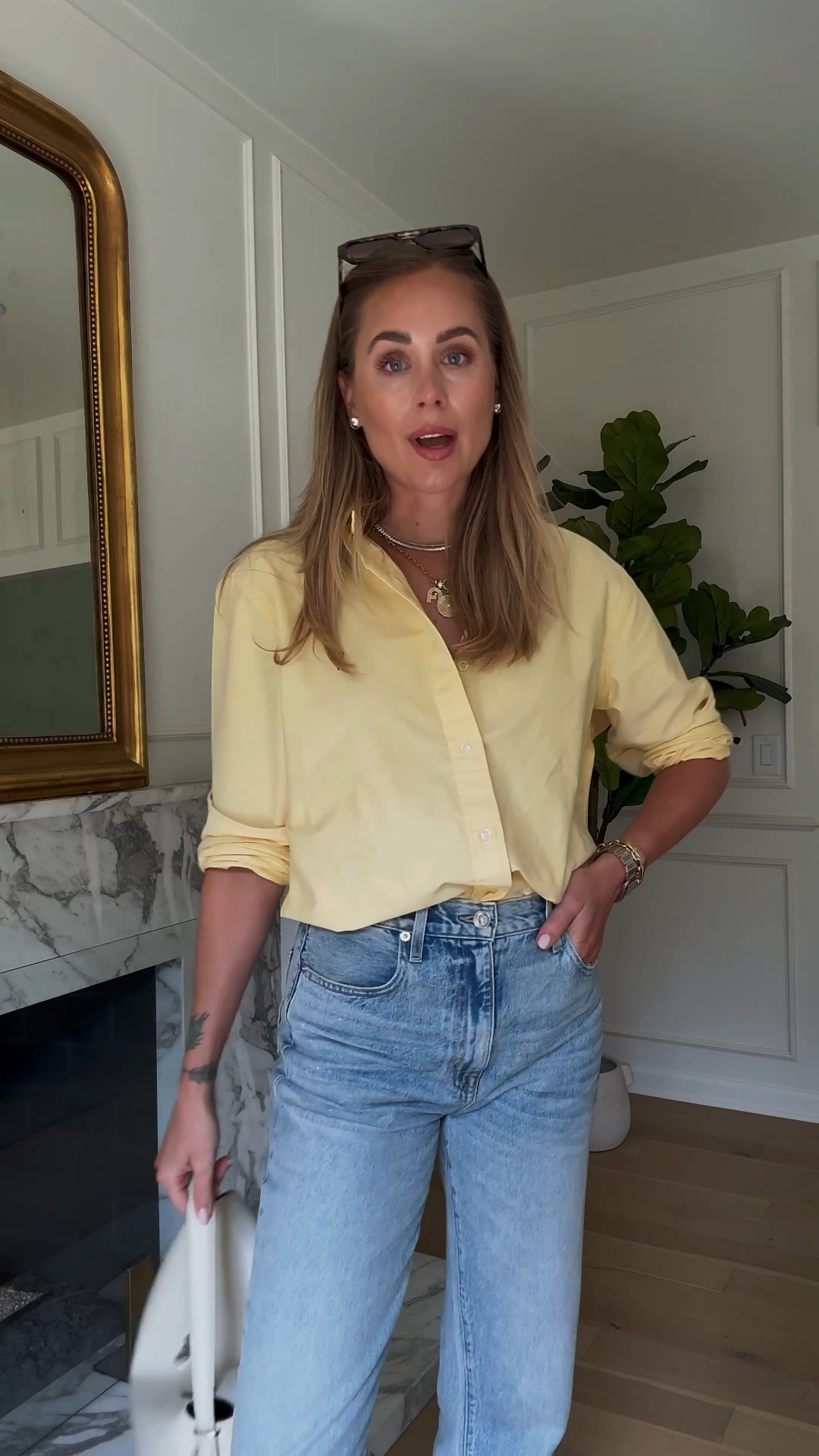 fashion Jackson, yellow shirt (size large), light wash jeans, Nashville outfit, 

#LTKFindsUnder100 #LTKOver40 #LTKStyleTip