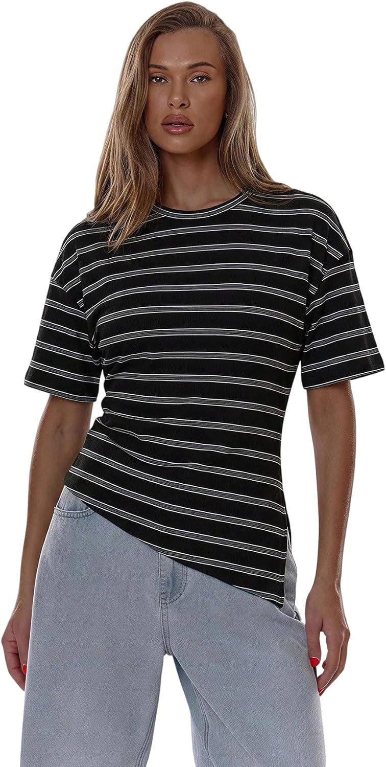 SOLY HUX Women's Striped T Shirt Split Asymmetrical Casual Summer Tee Tops | Amazon (US)