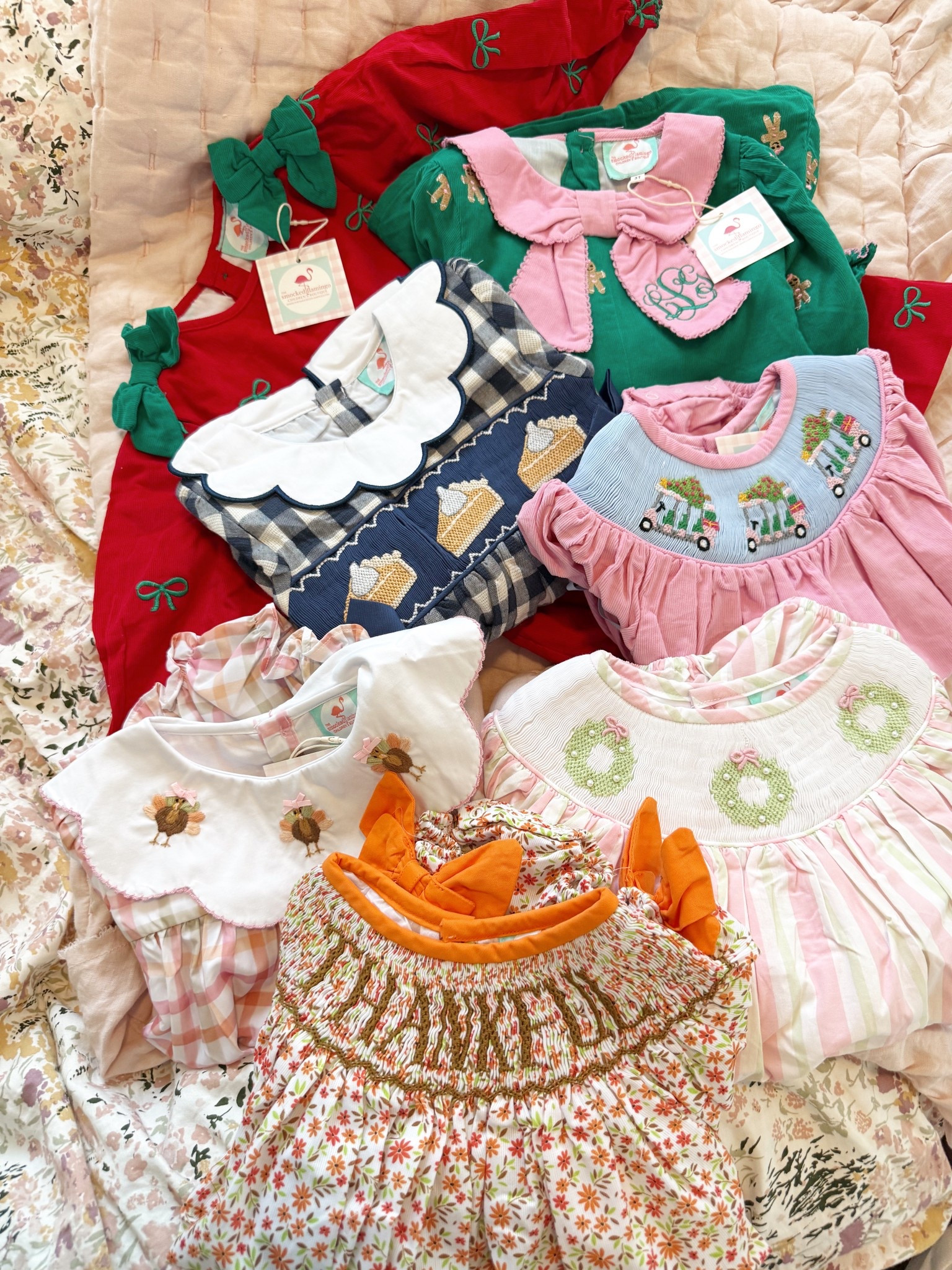 Short queen got a package from her favorites! 🍂🤍 #AD We  LOVE smocked Flamingo and this seasons fall & Christmas smocked bubbles and dresses are some of my favorite ones so far. Linked all the adorable ones that we got plus some other ones! #smockedflamingo 

#LTKKids #LTKBaby