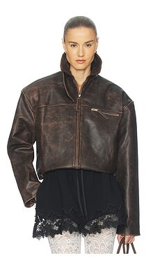 Helsa The Leather Oversized Moto Jacket in Brown Distressed from Revolve.com | Revolve Clothing (Global)