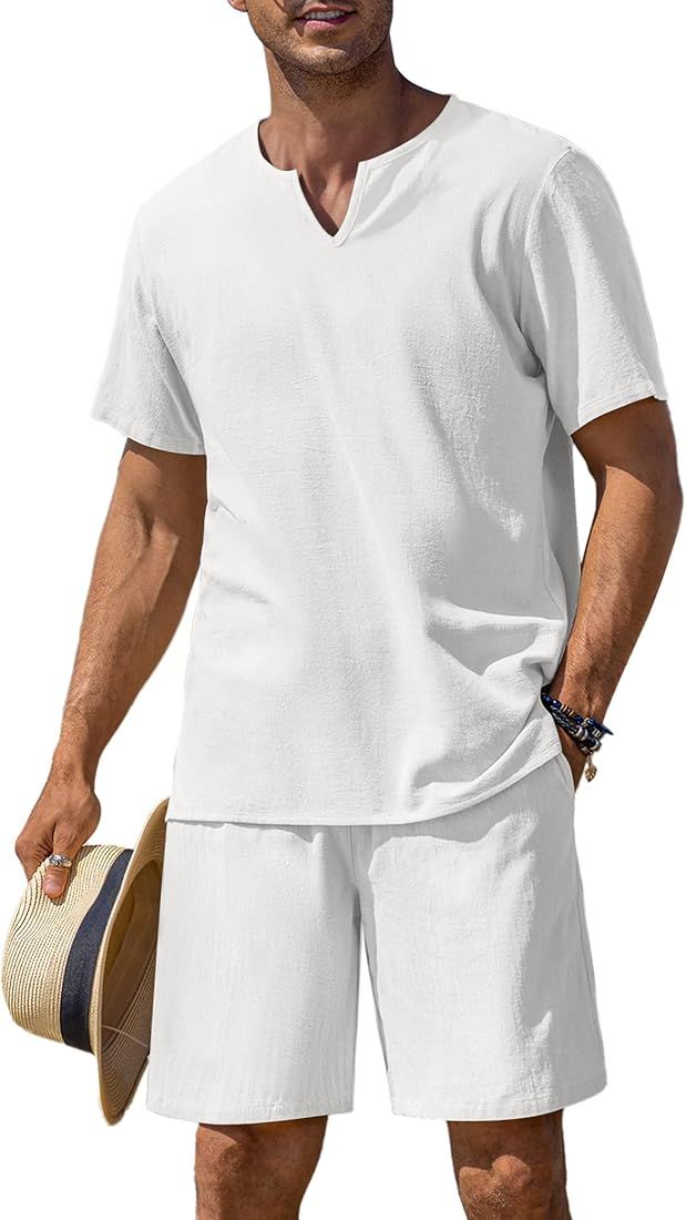 COOFANDY Men's 2 Pieces Cotton Linen Set Short Sleeve Henley Shirts Casual Beach Shorts Summer Yo... | Amazon (US)