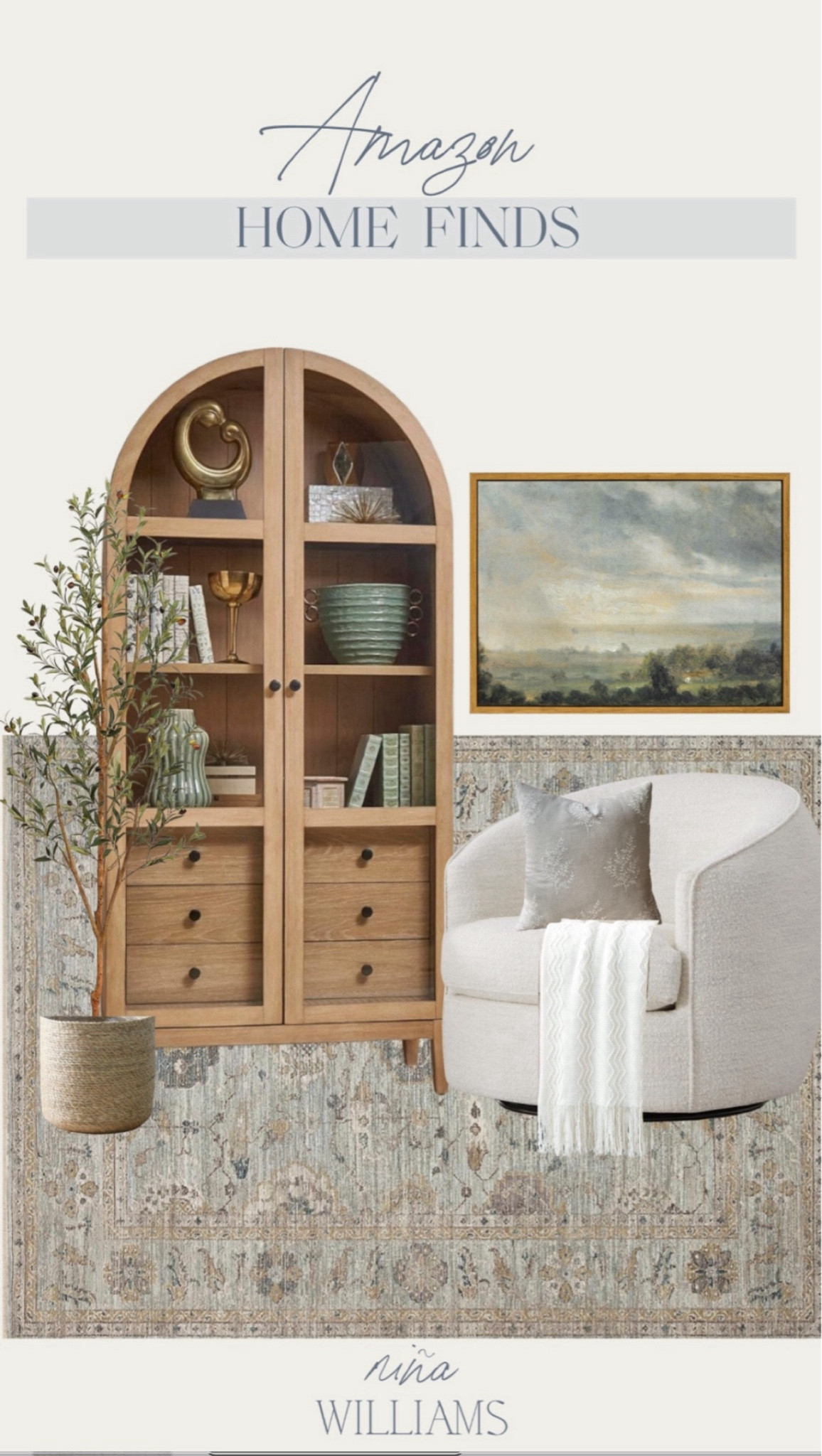 Amazon home finds! Swivel chair - arched book case - neutral decor faux olive tree - framed wall art -  throw blanket

#LTKStyleTip #LTKHome
