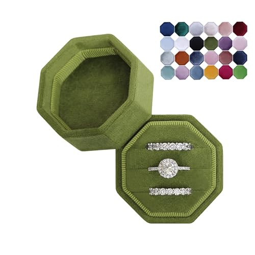 BLUTETE Velvet 3 Slots Jewelry Ring Box Engagement Wedding Box Keepsake Box Bridal Photo Ring Triple Slots Octagon (Olive Green) | Amazon (US)