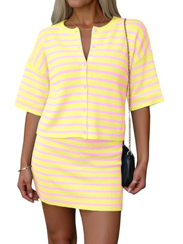 Saodimallsu Womens Two Piece Skirt Set Summer Striped Knit Short Sleeve Button Cardigans And Mini Skirt Lounge Set | Amazon (US)