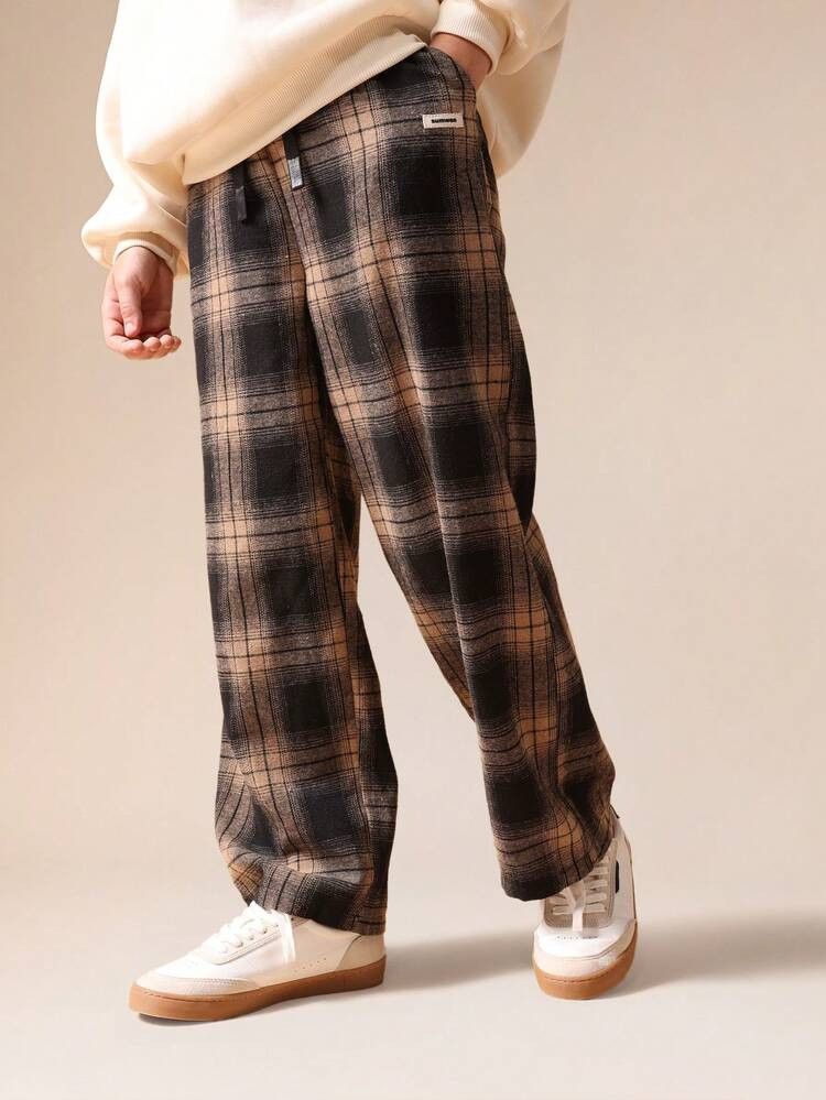 SUMWON Tween Boys Checkered Plaid Pull-On Pants With Elastic Waist Casual School Wear Trousers Vacation | SHEIN