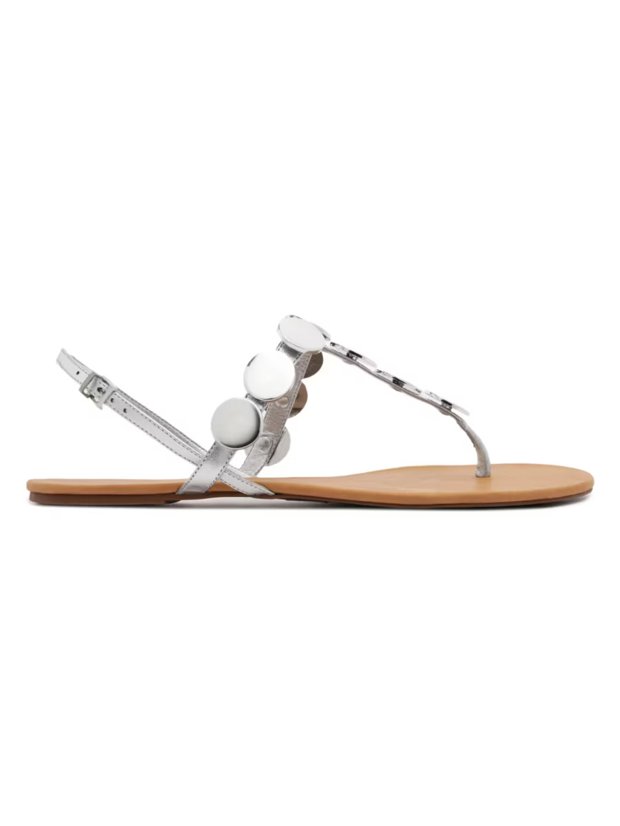 Schutz Acacia Metallic Leather T-Strap Sandals | Saks Fifth Avenue | Saks Fifth Avenue