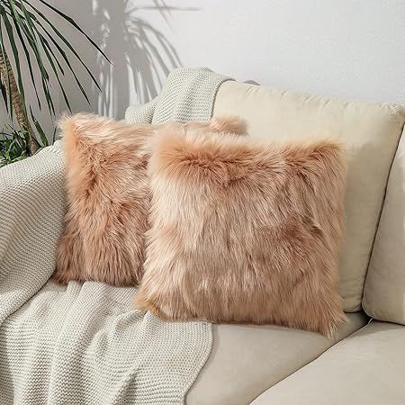 No Inserts Faux Fur Sheepskin Throw Pillow Cover 18x18 Set of 2 Merino Style Super Soft Fluffy Cu... | Amazon (US)
