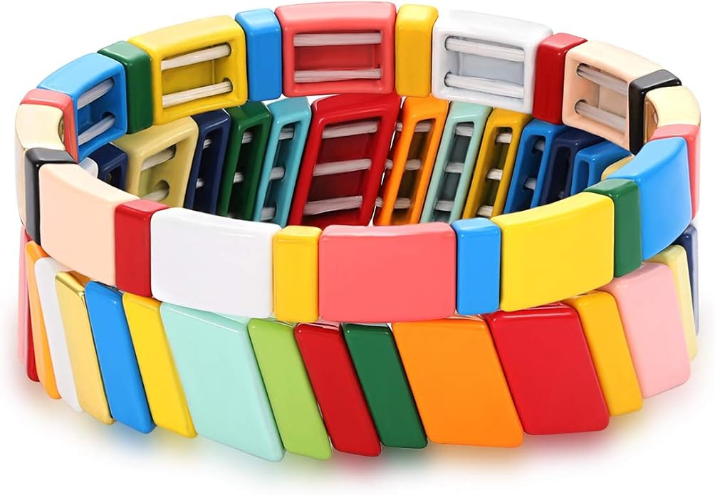 ZOLEAROPY Enamel Tile Bracelet Tila Rainbow Elastic Rectangle Bead Bracelet Minimalist Stretch Co... | Amazon (US)