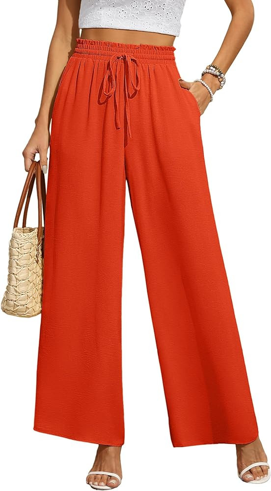 CZYINXIAN Women's Casual Wide Leg Pants Flowy Adjustable Tie Knot Elastic Waist Pants with Pocket... | Amazon (US)