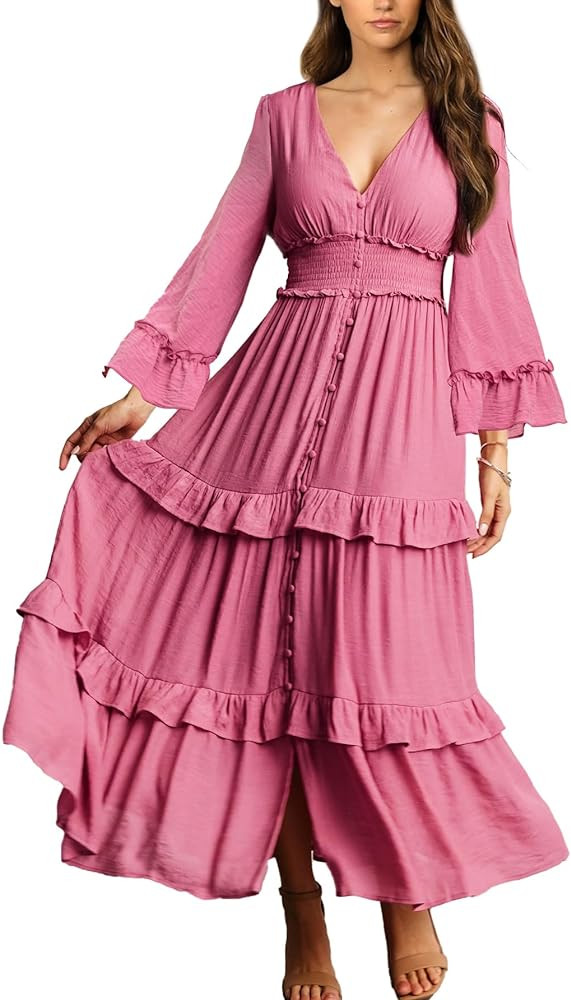 Amegoya Women's V Neck Long Sleeve Boho Maxi Dress Summer Wedding Guest Long Flowy Engagement Dre... | Amazon (US)