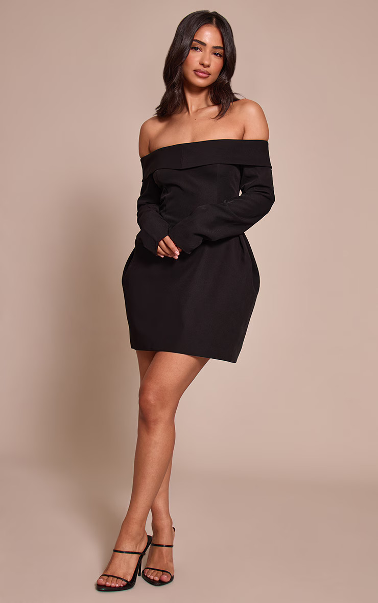Petite Black Woven Bardot Over Hip Mini Dress | Petite | PrettyLittleThing IE