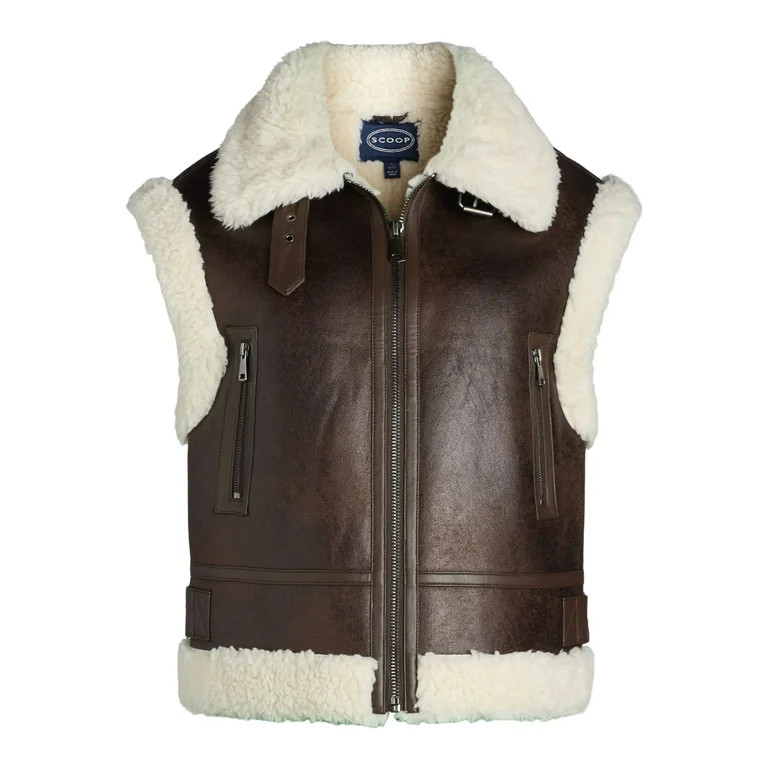 Scoop Women's Faux Suede Zip Vest with Faux Shearling Lining, Heavyweight, Sizes XS-XXL | Walmart (US)