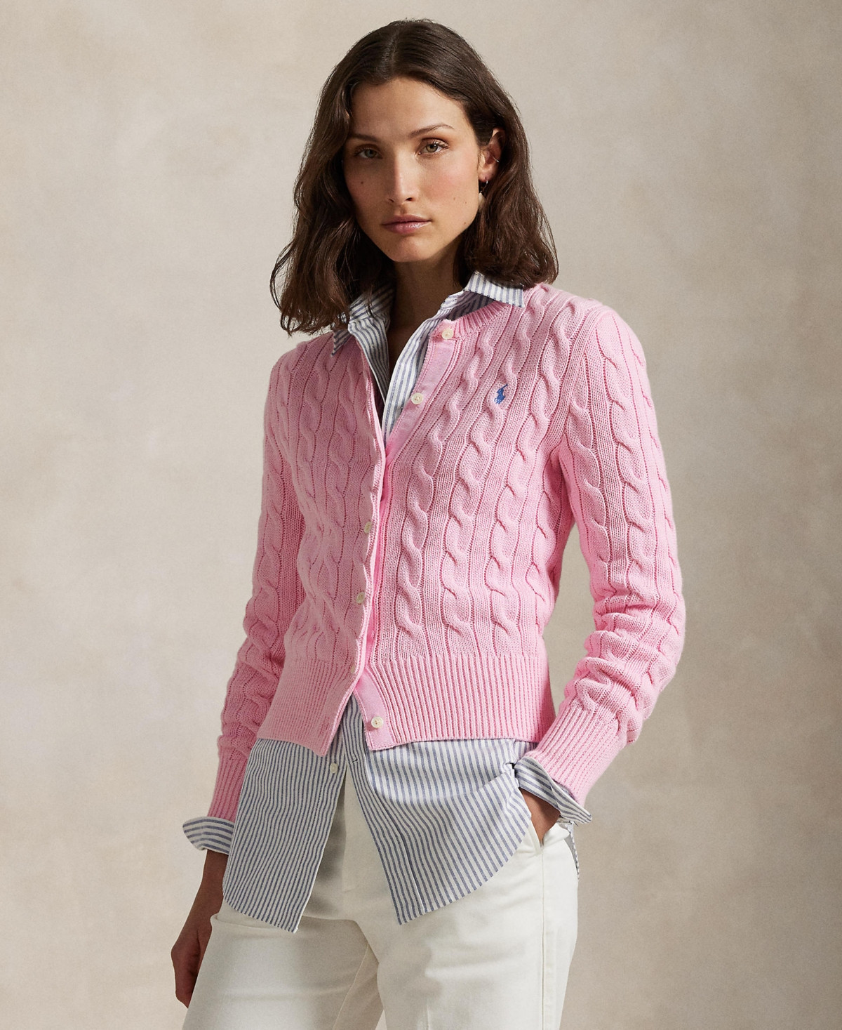 Polo Ralph Lauren Women's Cable-Knit Cotton Crewneck Cardigan Sweater - Carmel Pink | Macy's