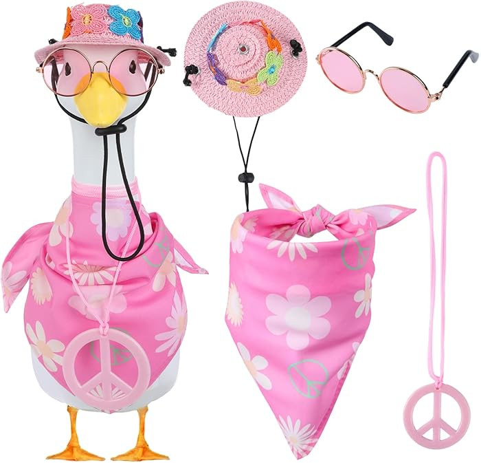 4Pcs Hippie Porch Goose Outfits - 60s 70s Hippie Goose Art Costume with Straw Hat Glasses Necklac... | Amazon (US)