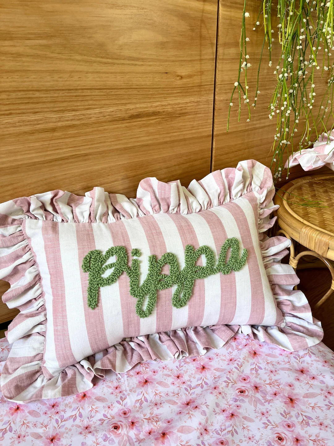 PINK STRIPES Personalised Ruffled Cushion handmade Punch Needle Decor Boho Nursery Kids Children ... | Etsy (US)