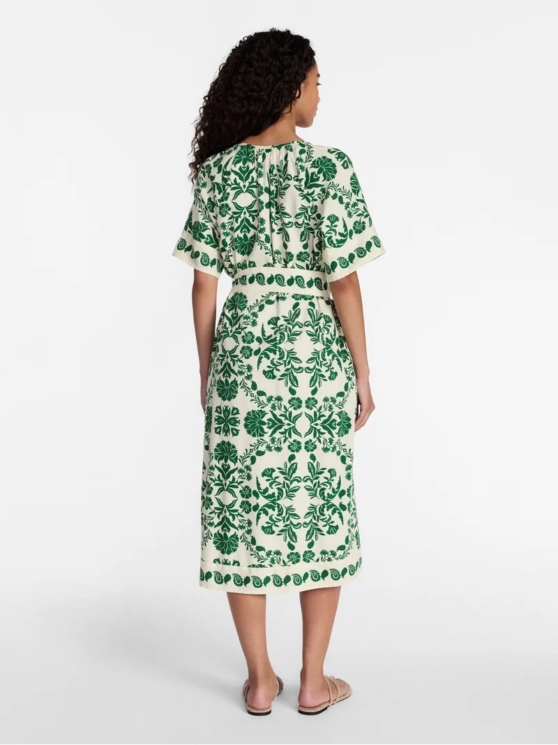Time and Tru Women\u2019s Border Print Linen Blend Midi Dress, Sizes XS-XXXL | Walmart (US)