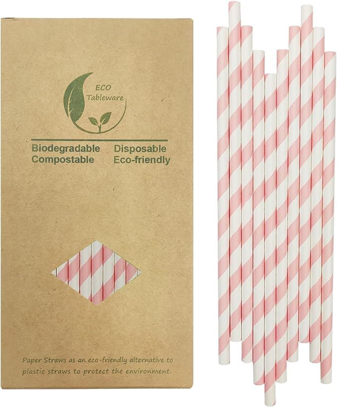 Biodegradable Pink Striped Paper Straws, 100 Pack Princess Cute Girl Baby Shower Straws for Cake ... | Amazon (US)